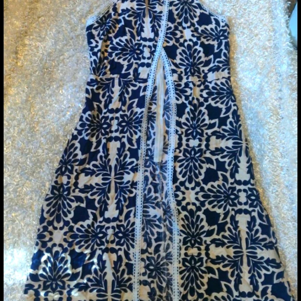Women's Pantsuit Navy White Floral Dress And Pants Set Two Piece Long Flowy Sz M - Picture 4 of 9